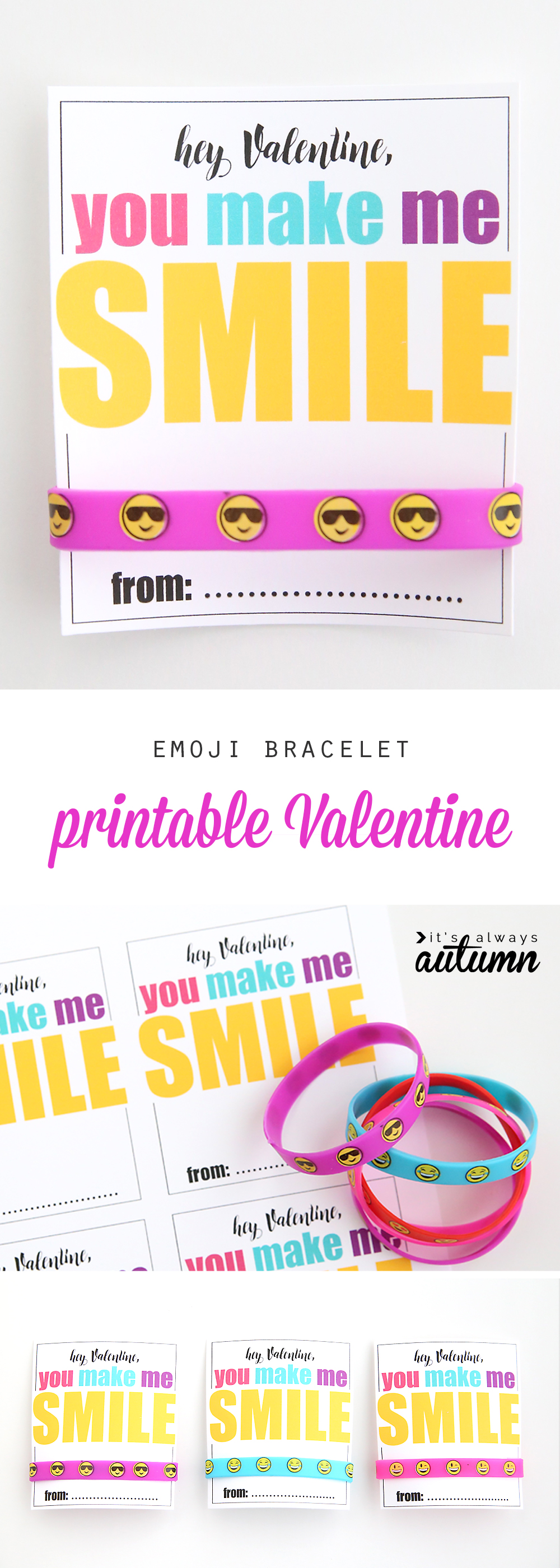 Valentine\'s card that says Hey Valentine, you make me smile, with a bracelet that has emojis on it