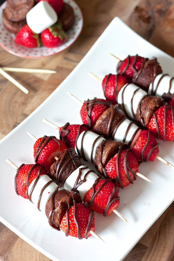 Strawberry, marshmallow and brownie kabobs