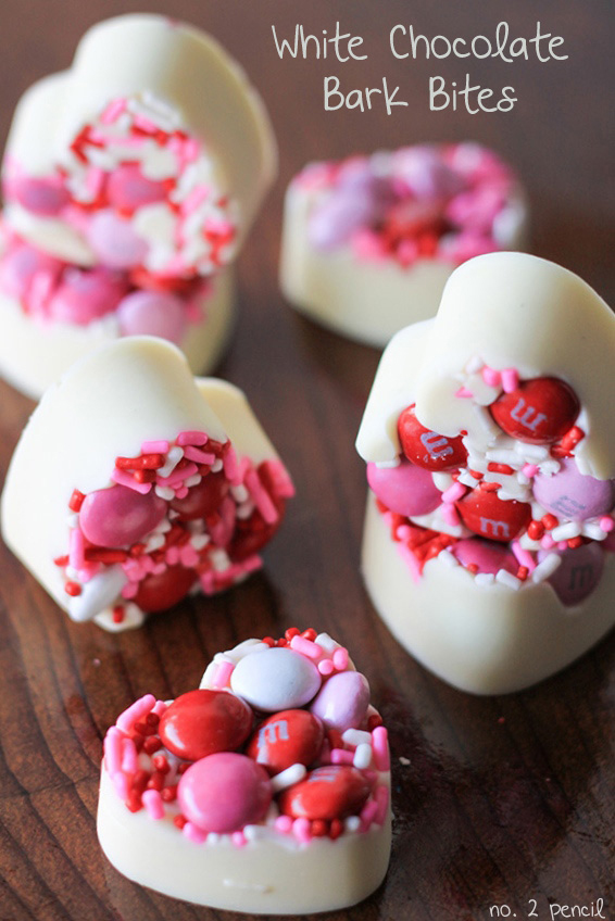 White chocolate hearts with M&Ms and sprinkles