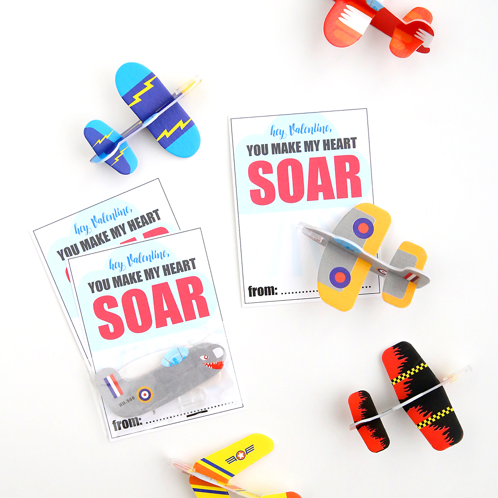 hey Valentine, you make my heart soar printable Valentine\'s Day cards with foam glider toys