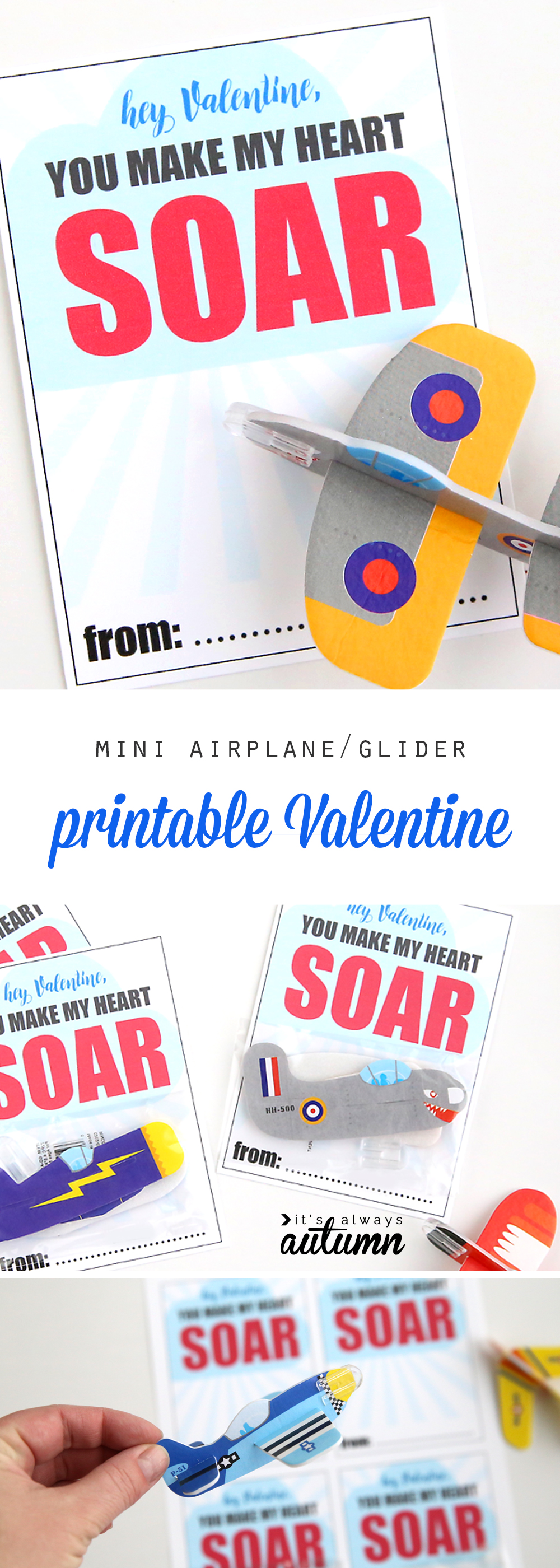 Mini glider Valentine\'s day cards that say: hey Valentine, you make my heart soar