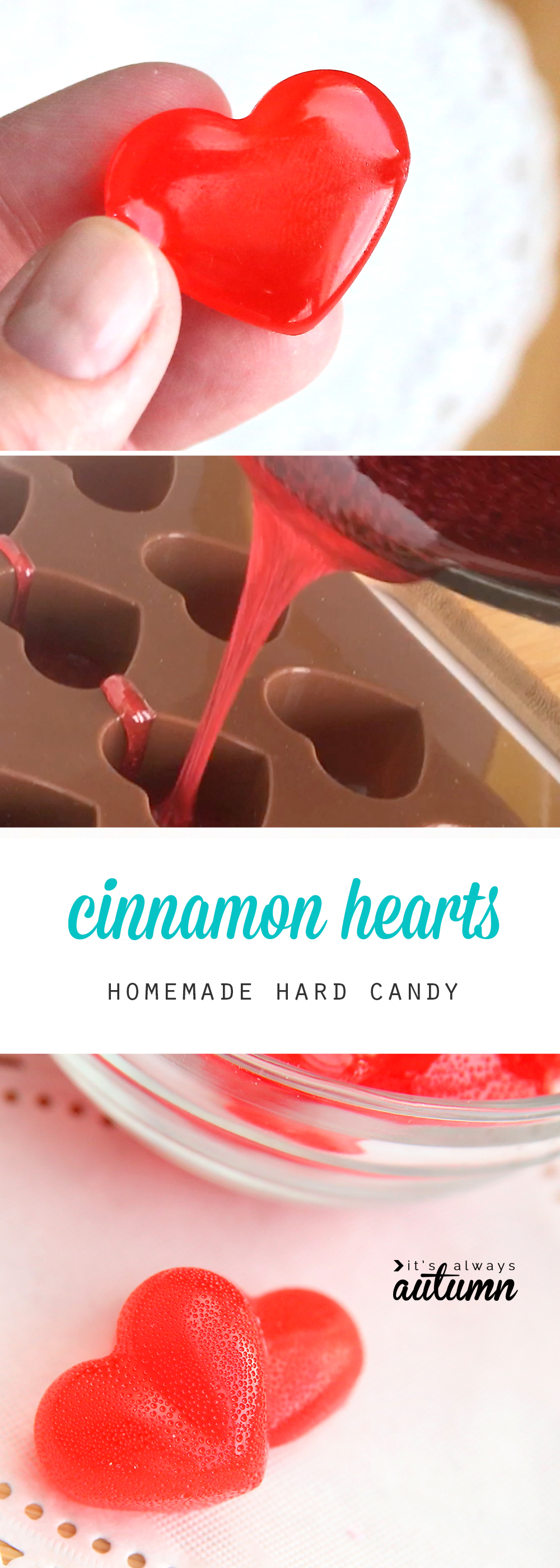 Cinnamon heart candy; melted candy being poured into heart molds