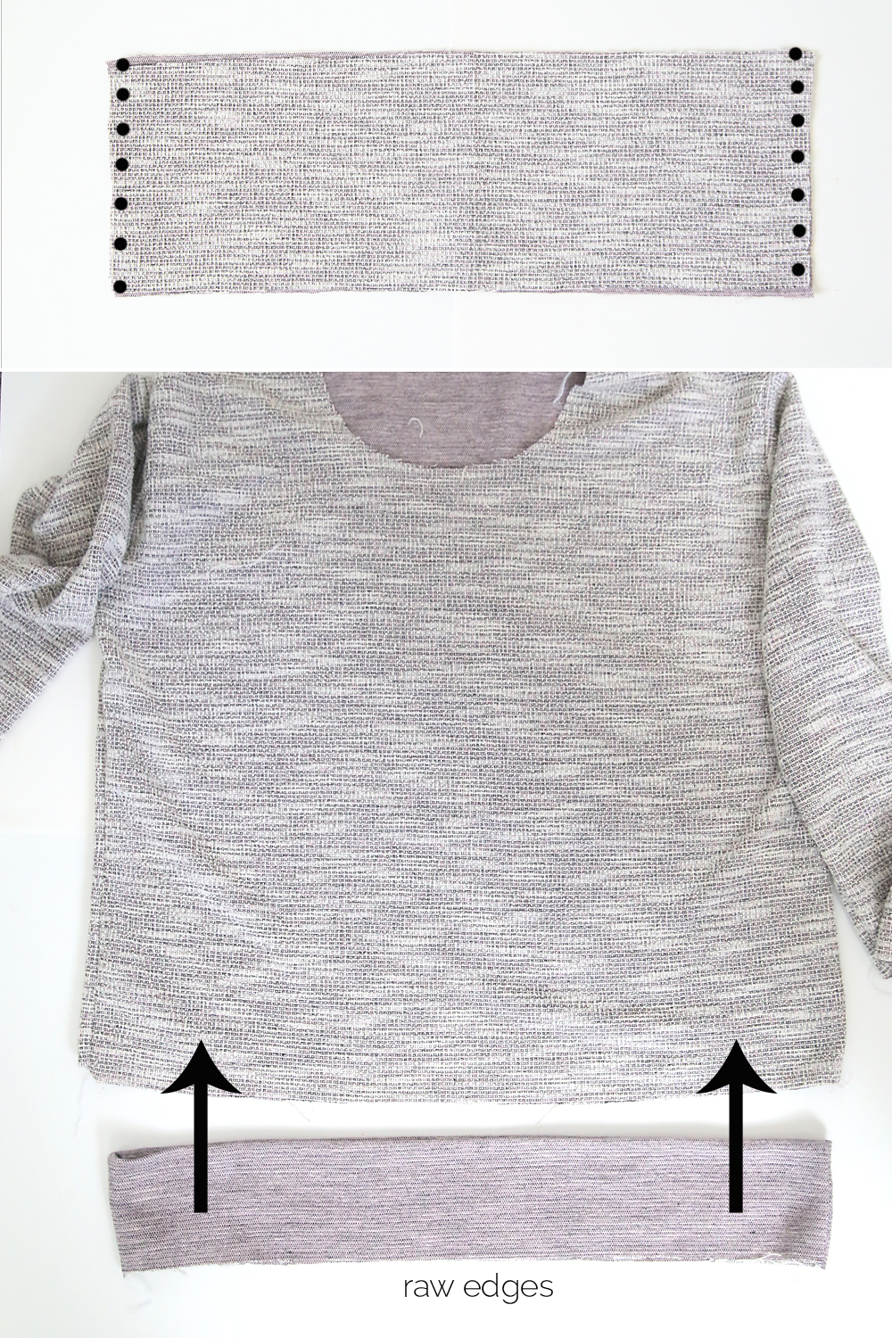 hem band with side seams marked; hem band  folded and going over the bottom edge of the sweatshirt