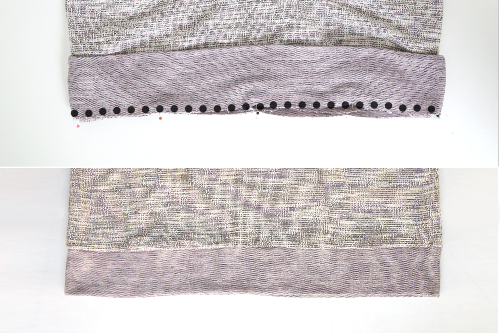 Hem band pinned onto bottom edge of sweatshirt; hem band sewn on