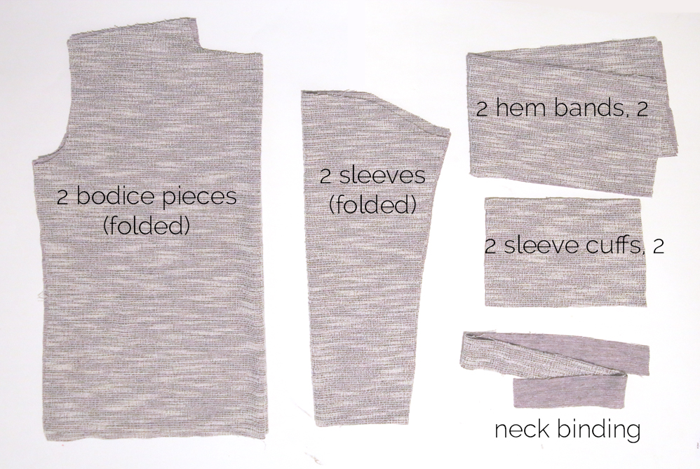 Slouchy sweatshirt pattern pieces: bodice pieces, sleeves, hem bands, sleeve bands, neck binding