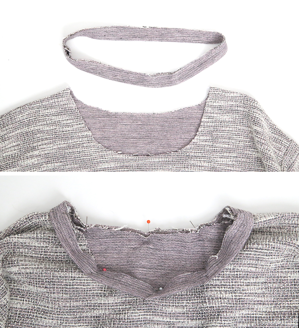 Neckline and neckbinding; binding pinned into neckline