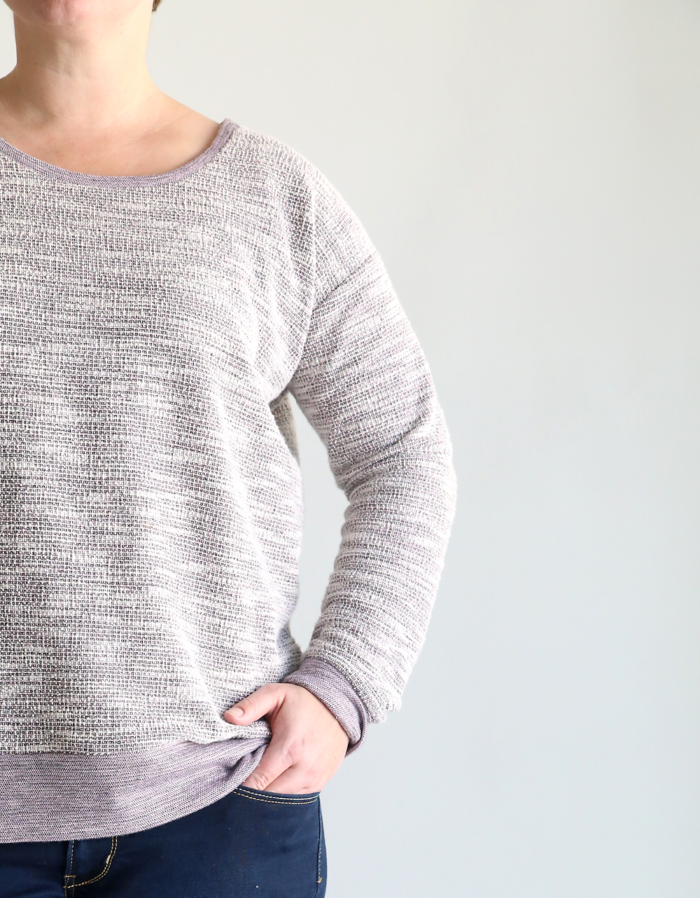 Closeup showing sleeve of slouchy sweatshirt