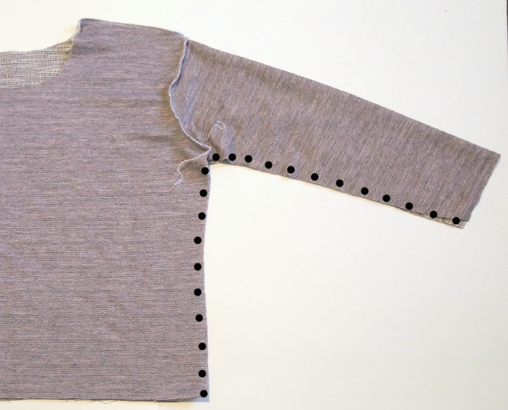 sweatshirt with underarm and side seam marked