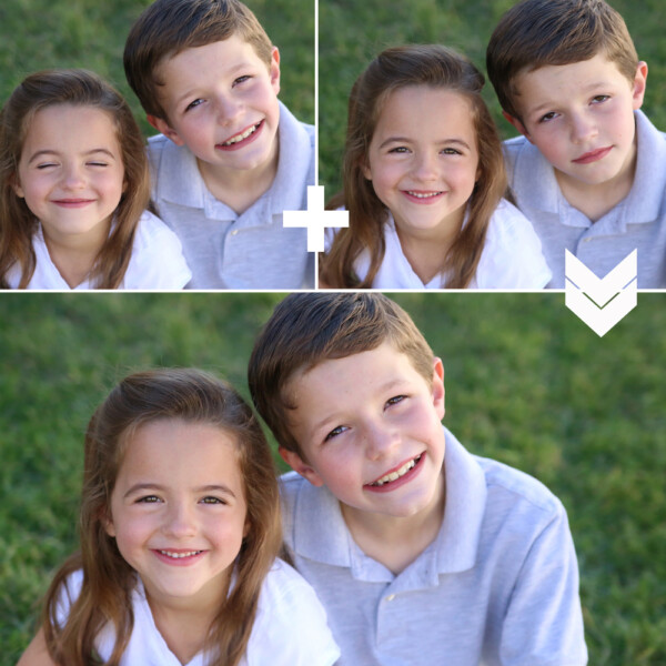 Two photos of a girl and boy merged to make a better photo where both are looking at the camera and smiling.