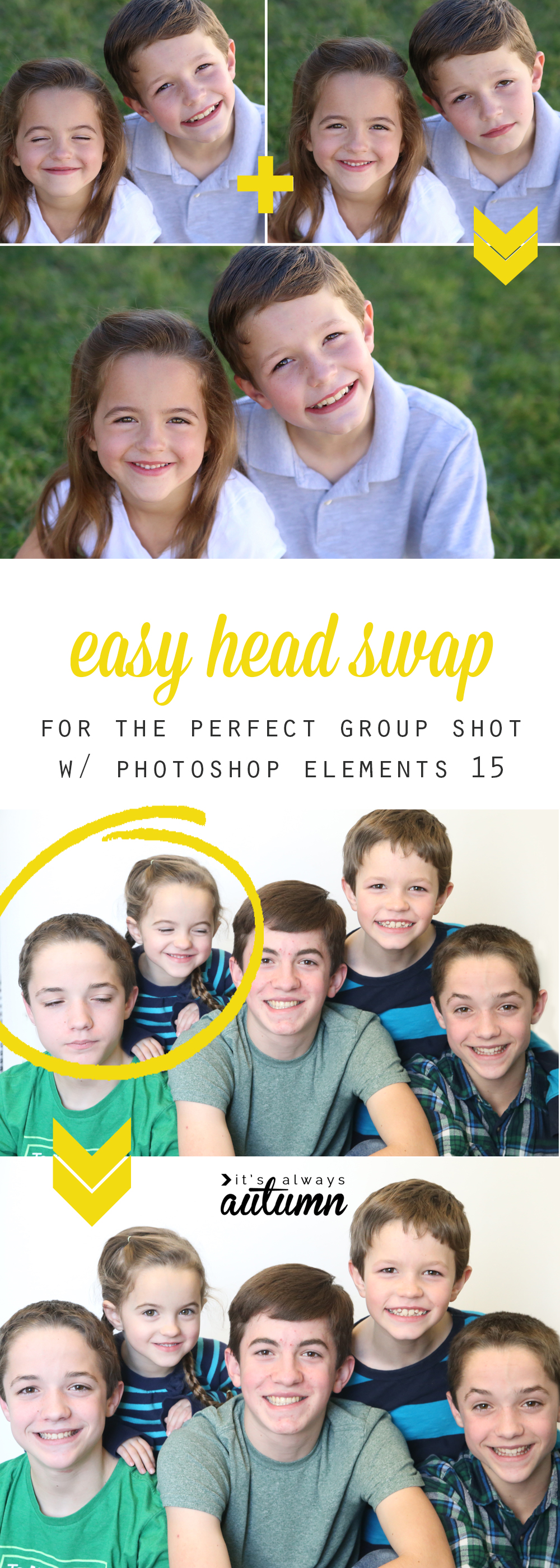 Photos showing head swap to get the best group picture of multiple children