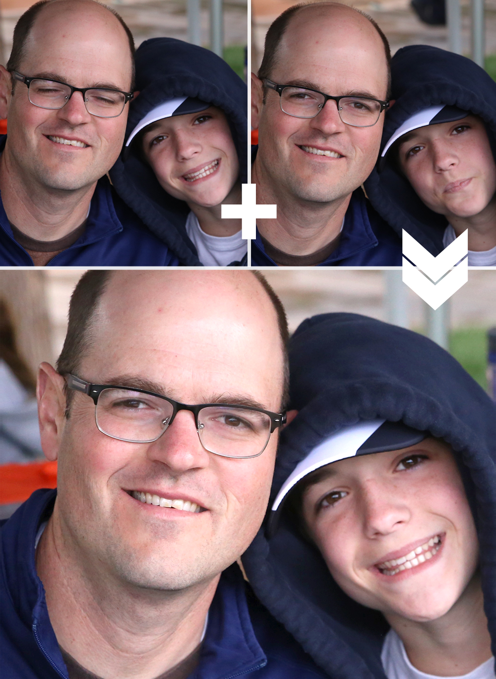 Two photos of a father and son merged to get a photo where both are have open eyes and are smiling