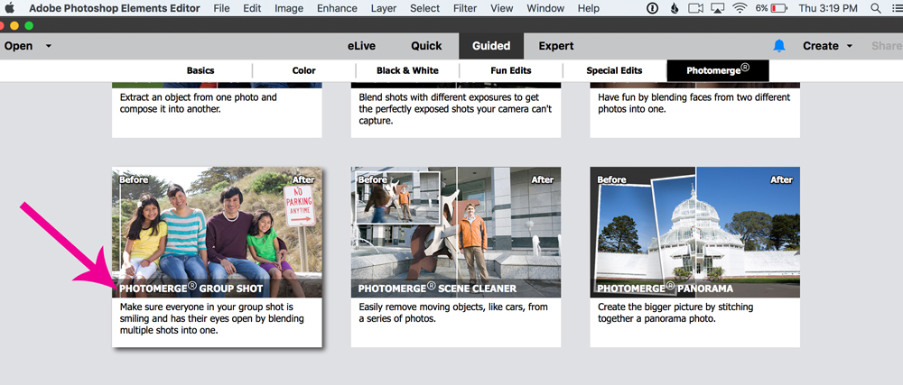 Guided edit menu in Photoshop Elements