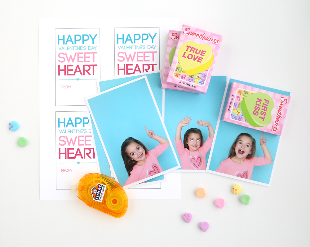Photos of a little girl with her arms above her head; boxes of sweethearts candy; printable sweetheart Valentine\'s Day cards; adhesive