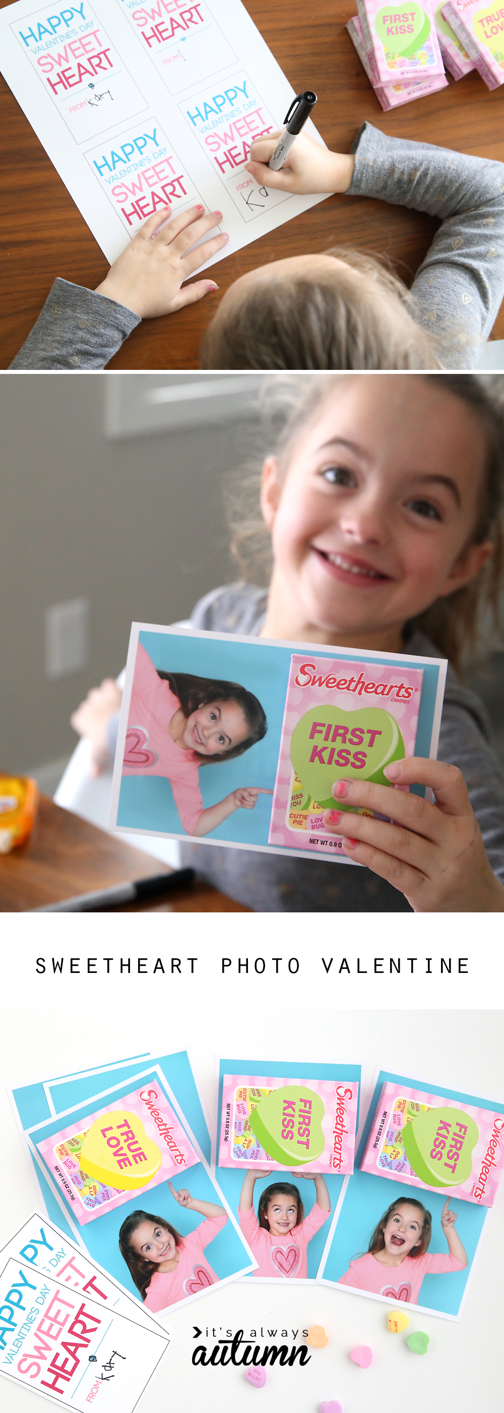 Little girl holding a sweethearts valentines day photo card