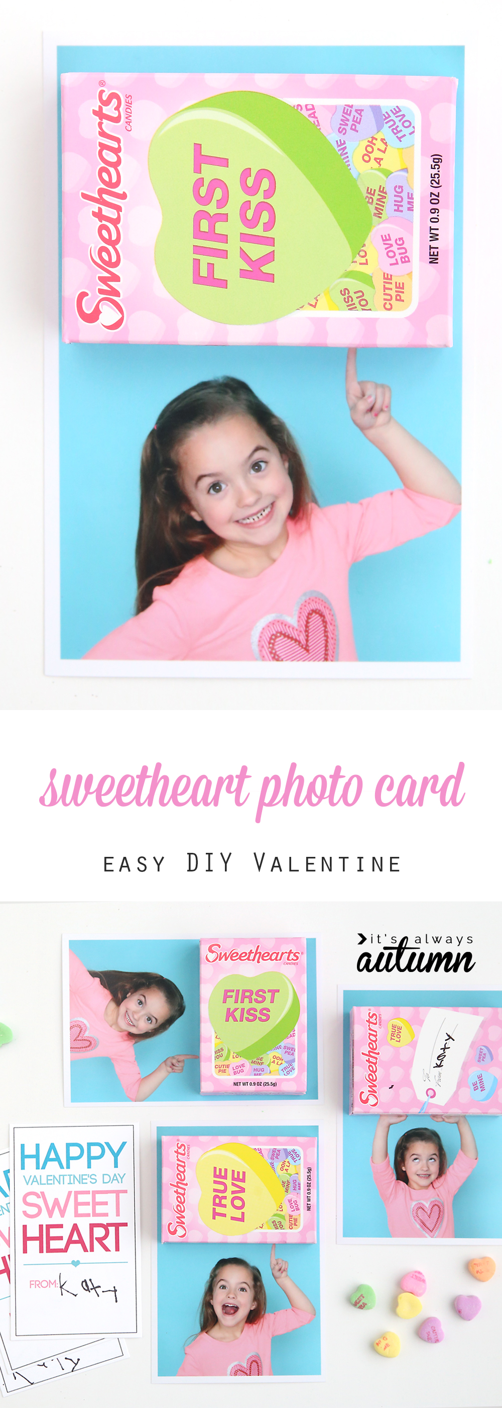 Photo of a little girl pointing up, with box of sweethearts candy glued on and Sweetheart Valentines Day card