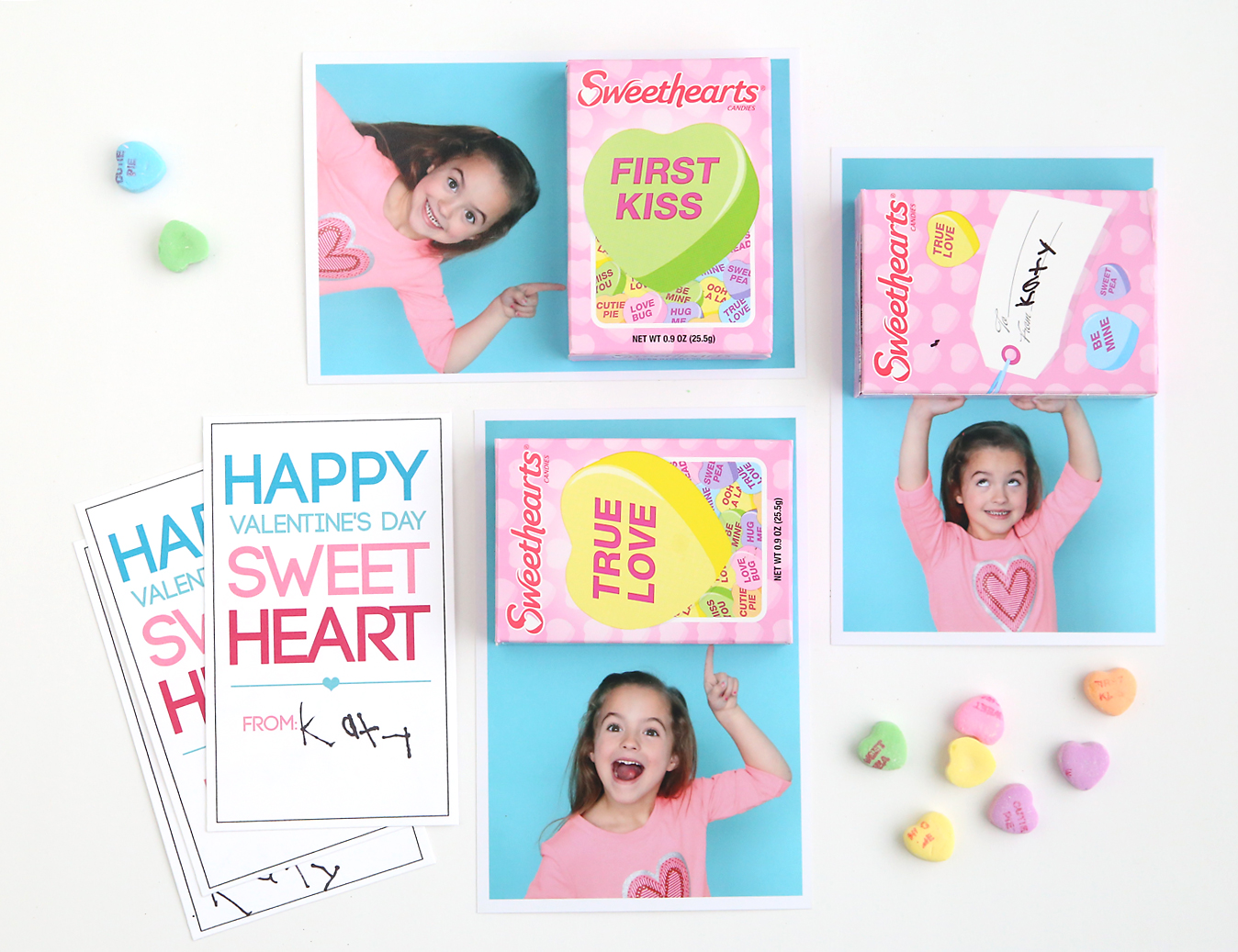 Photo of a little girl pointing up, with box of sweethearts candy glued on and Sweetheart Valentines Day card