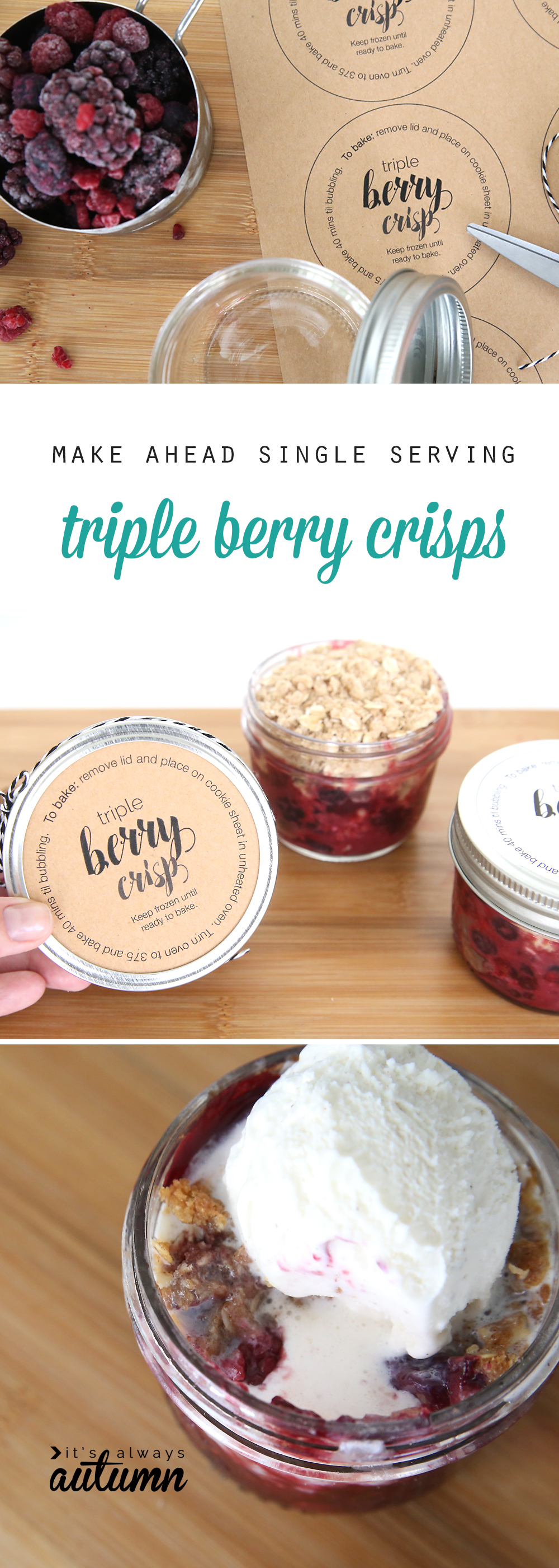 berries and printable tags; triple berry crisps in small mason jars