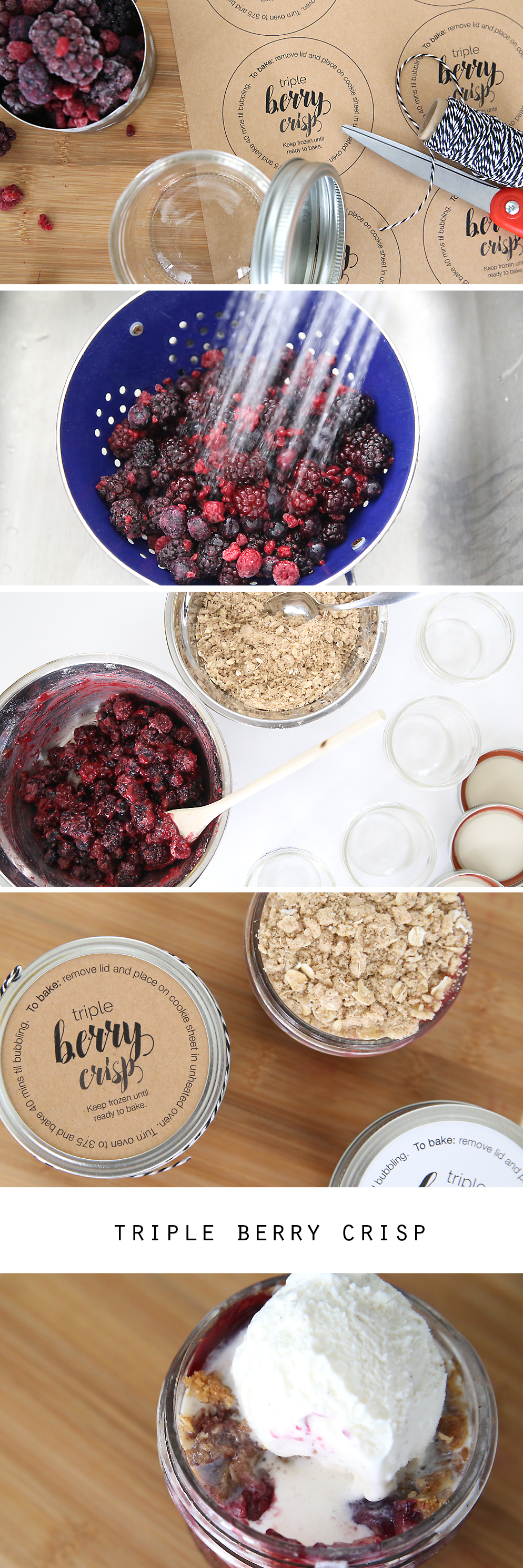 collage of photos showing assembly of single serving triple berry crisps