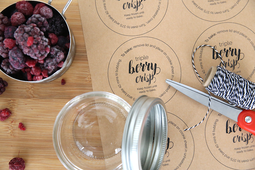 Printable triple berry crisp tags, frozen berries, mason jars