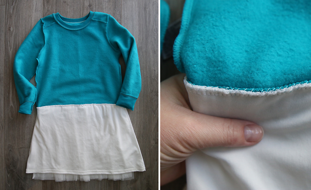 Inside of sweatshirt dress with skirt attached to sweatshirt hem