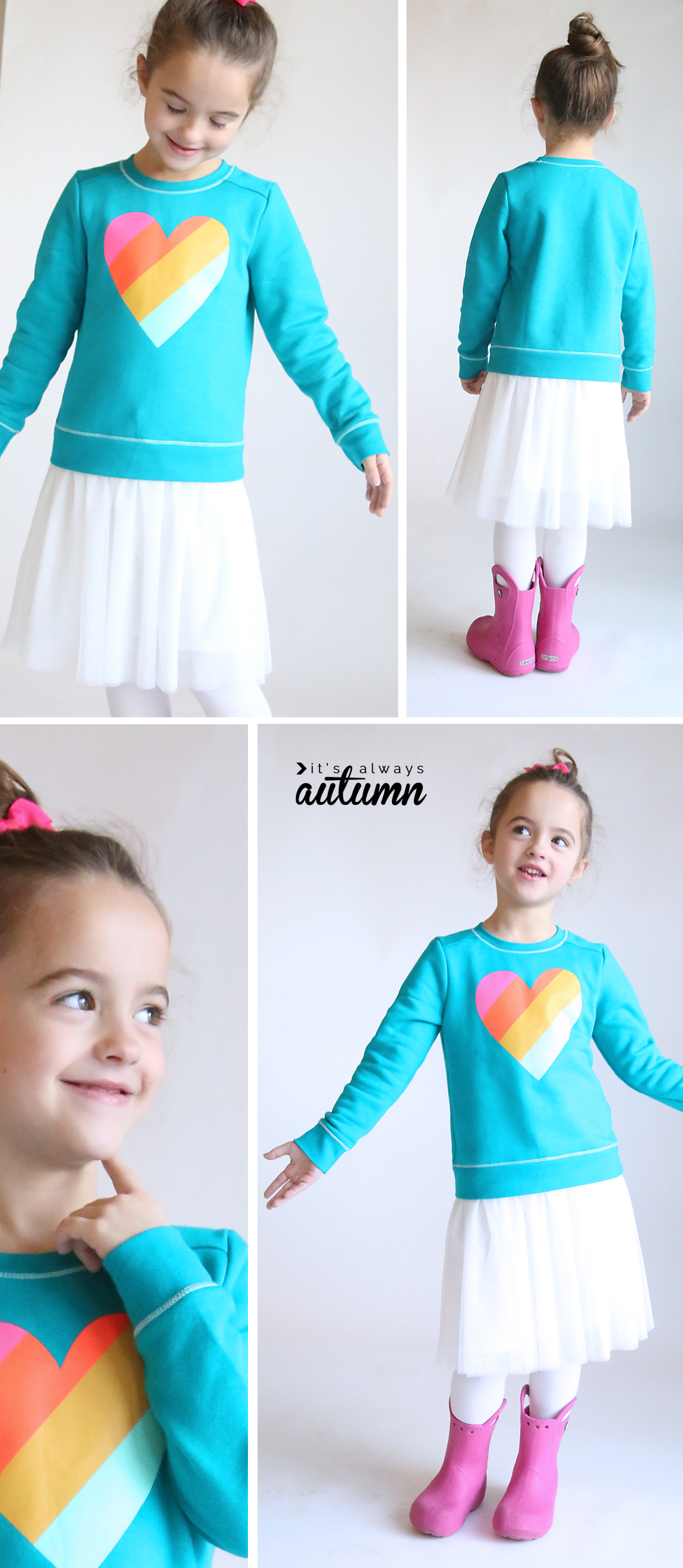 A little girl posing for a photo in a dress made from a sweatshirt and white tulle skirt