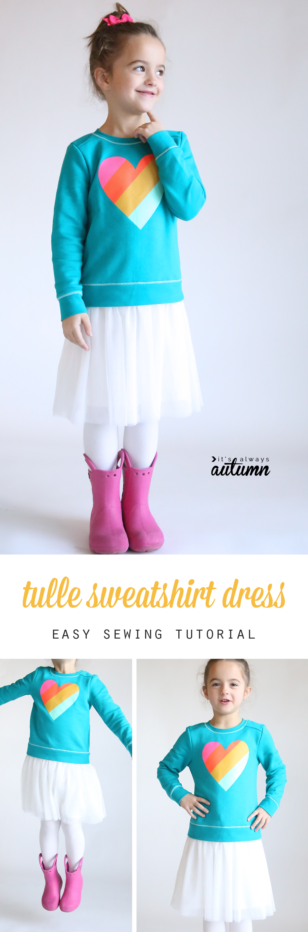 Photo of a girl wearing a dress made by sewing a tulle skirt onto a purchased sweatshirt