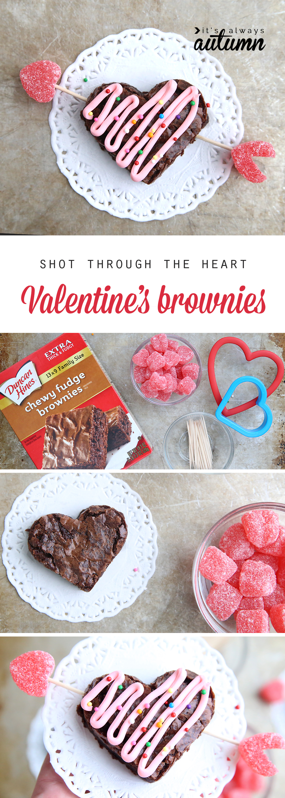 Brownies cut into heart shape, with jelly hearts and toothpicks forming an arrow through the brownie heart