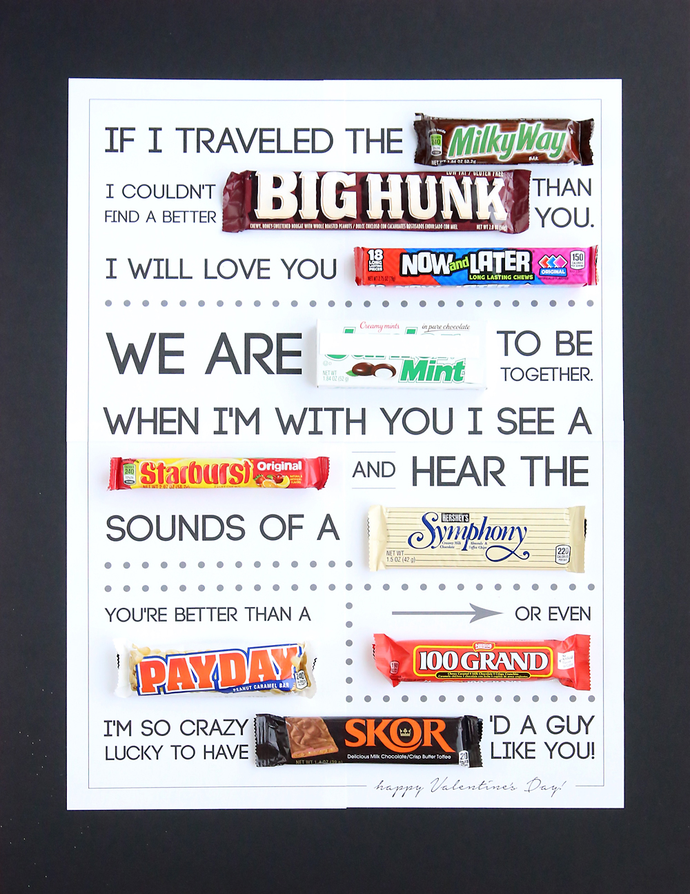 Printable candygram for Valentine\'s day: poster with candy bars in the place of some words