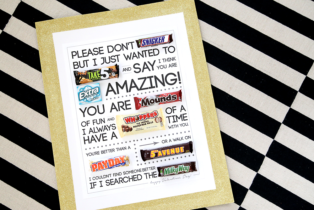Printable candygram for Valentine\'s day: poster with candy bars in the place of some words