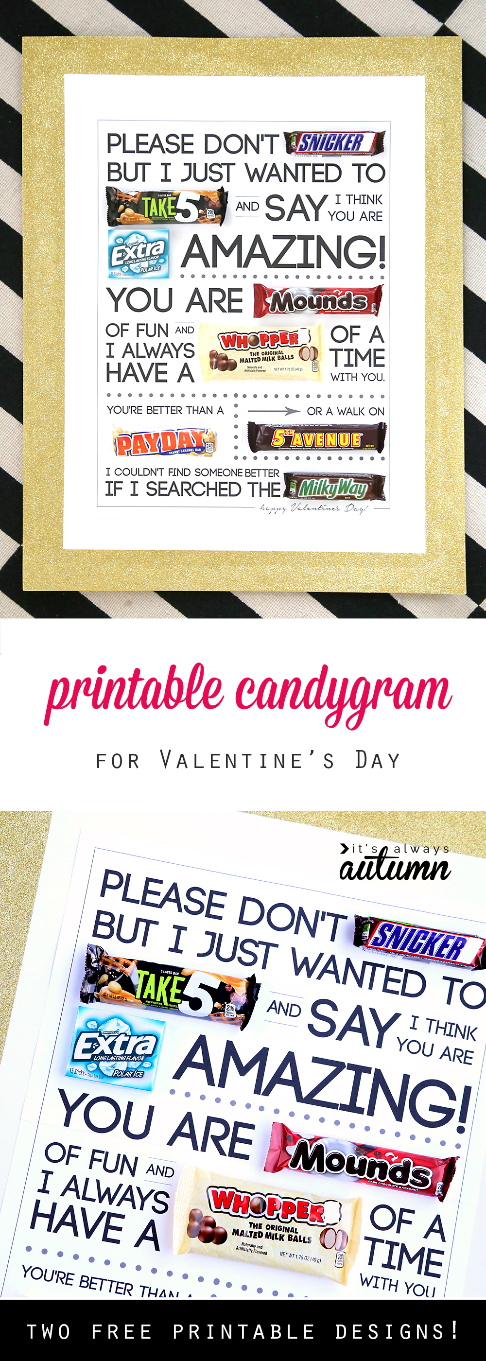 Printable candygram for Valentine\'s day: poster with candy bars in the place of some words