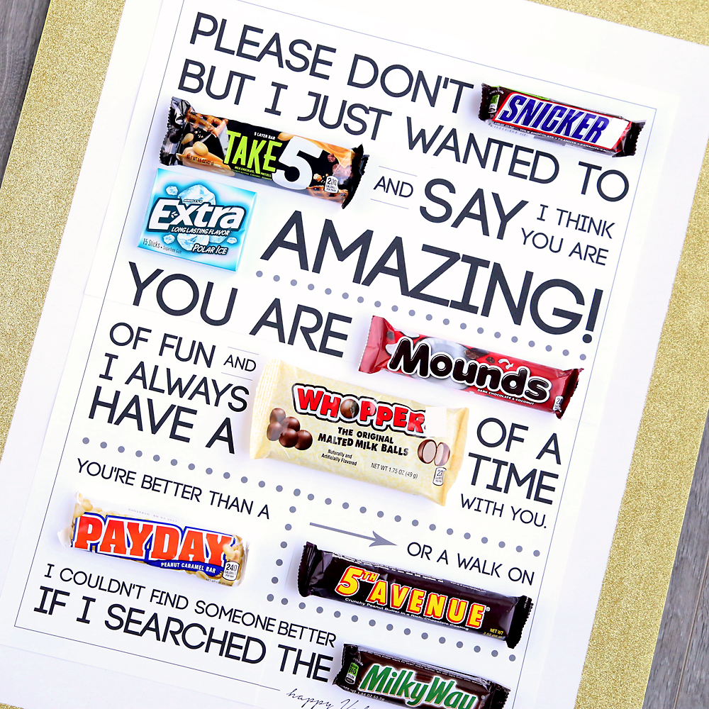 Printable candygram for Valentine\'s day: poster with candy bars in the place of some words