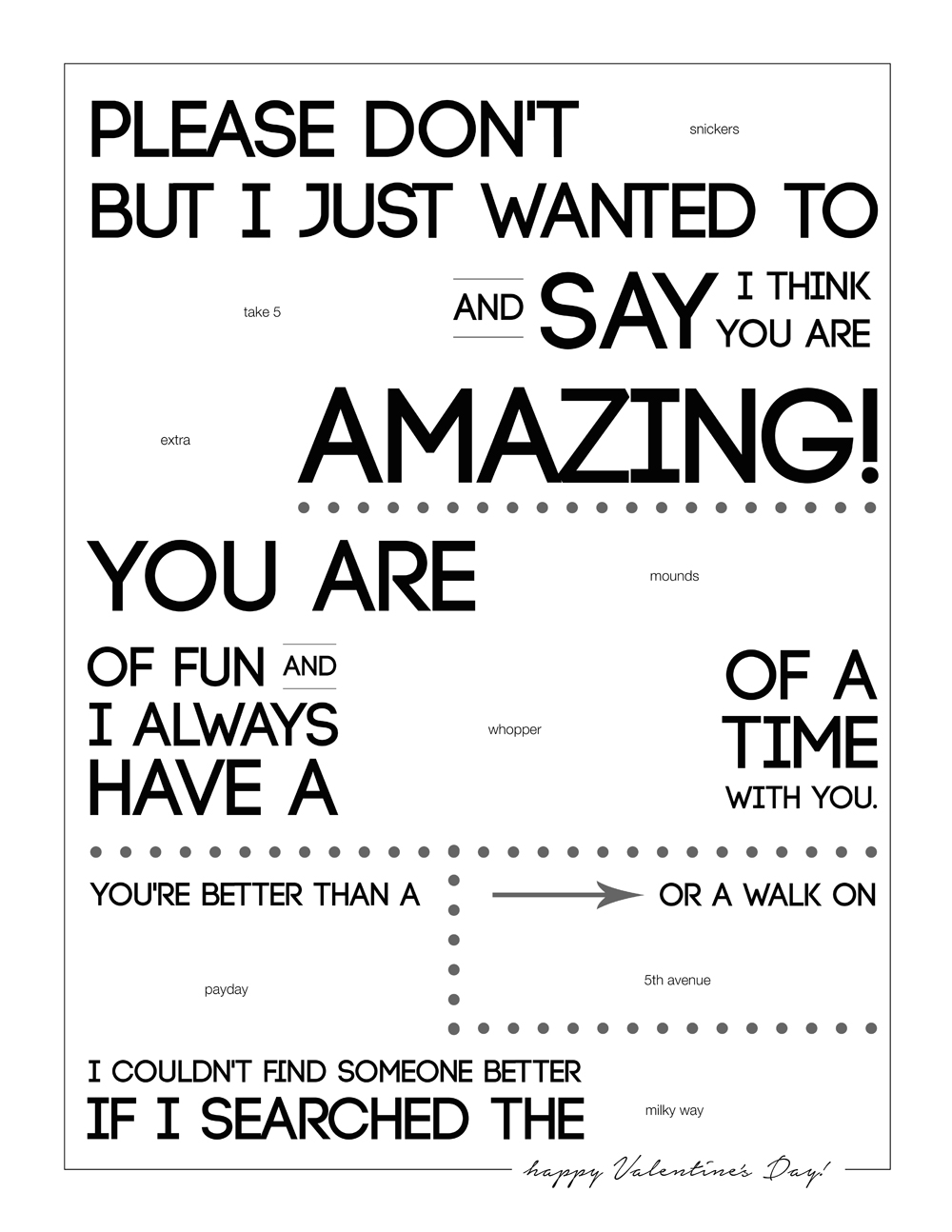 Printable candygram for Valentine\'s day: poster with spaces left for candy bars instead of some words