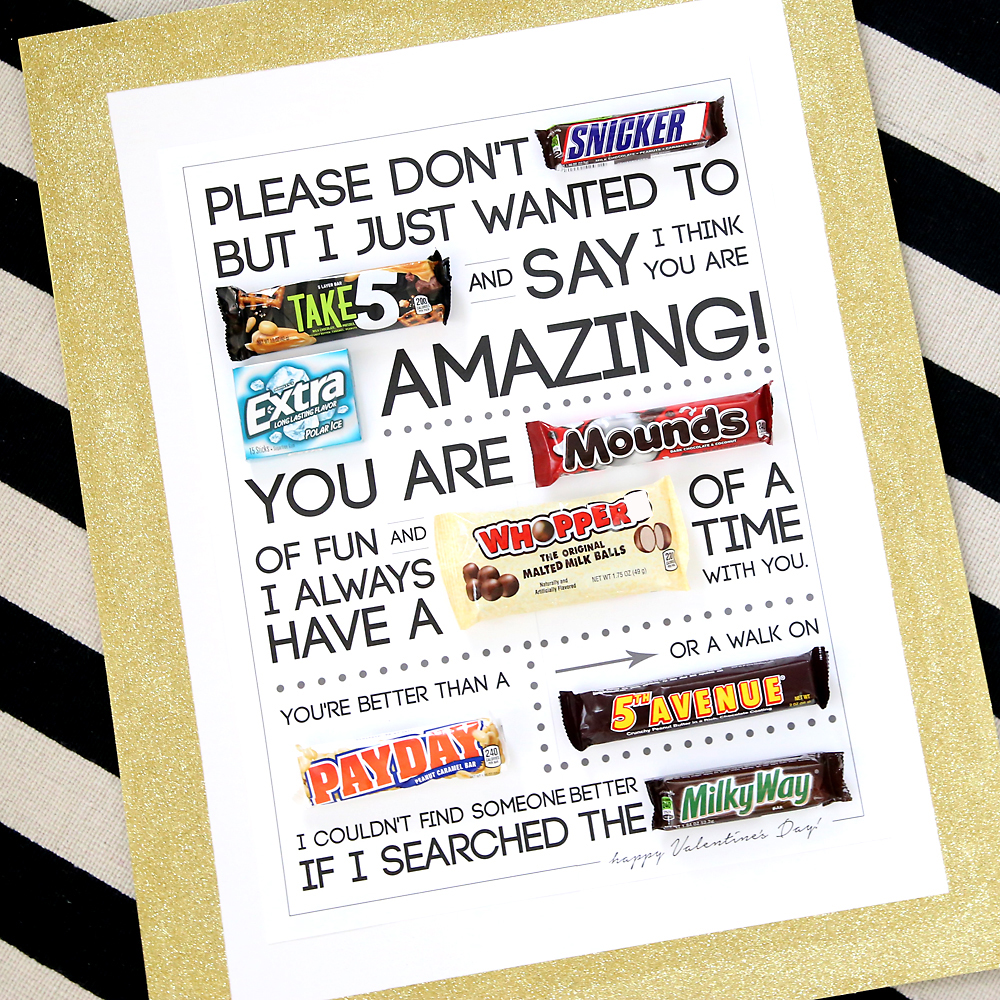 Printable candygram for Valentine\'s day: poster with candy bars in the place of some words