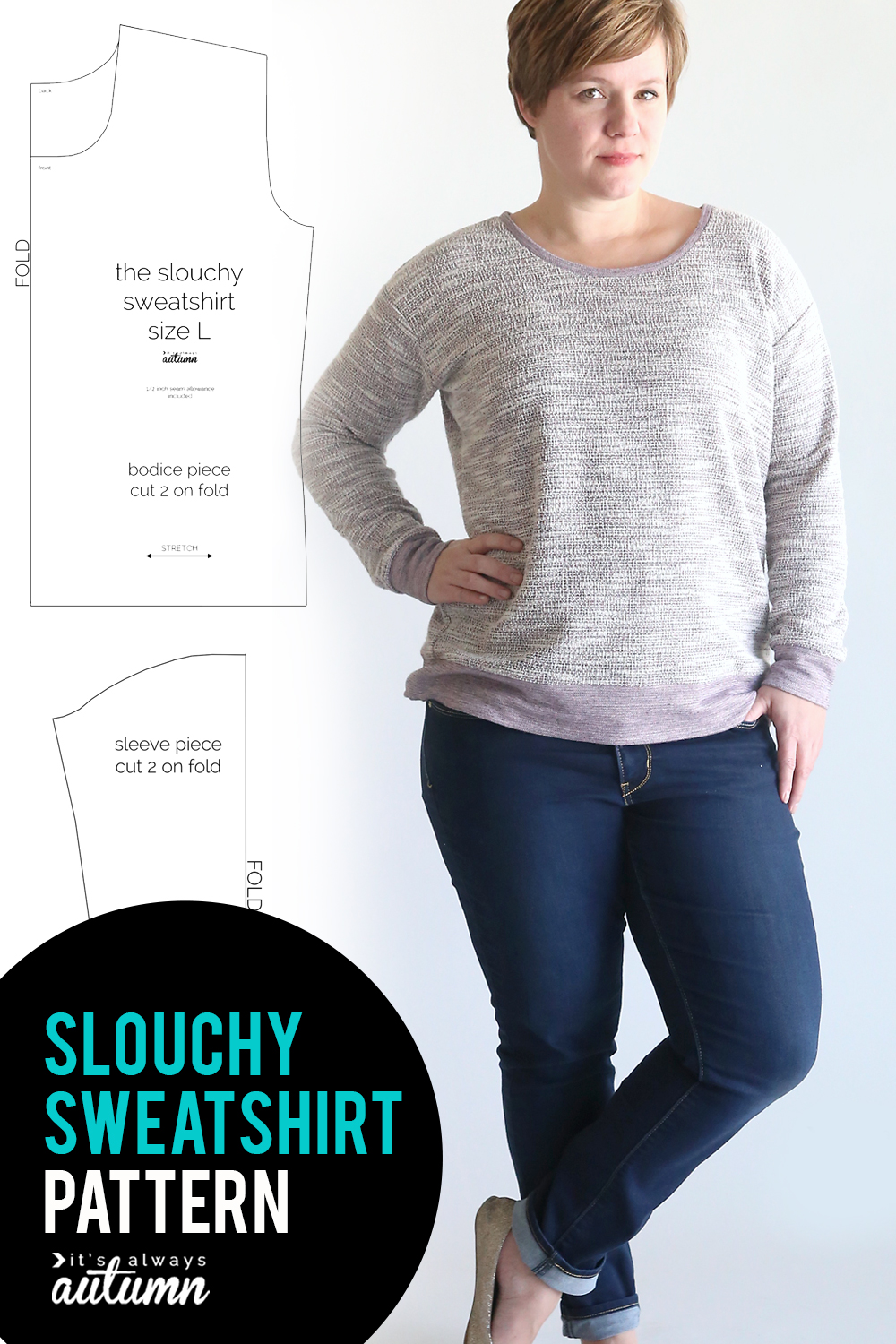 Easy to sew slouchy sweatshirt pattern. Click through for the free pattern and sewing tutorial.