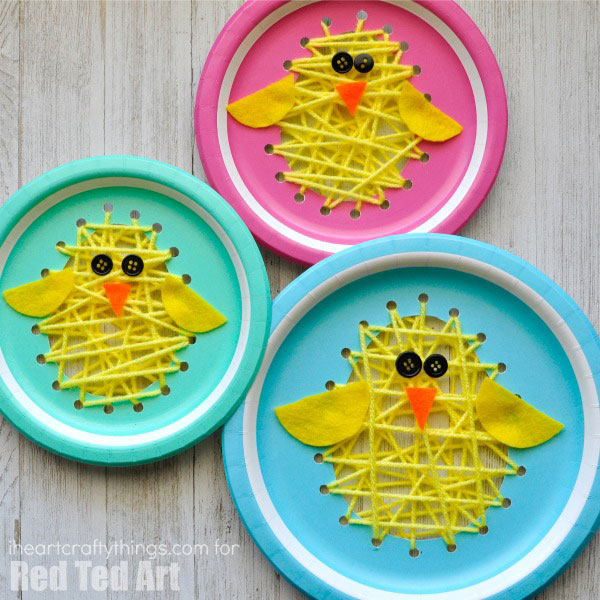 Pastel paper plates made to look like Easter chicks using string art