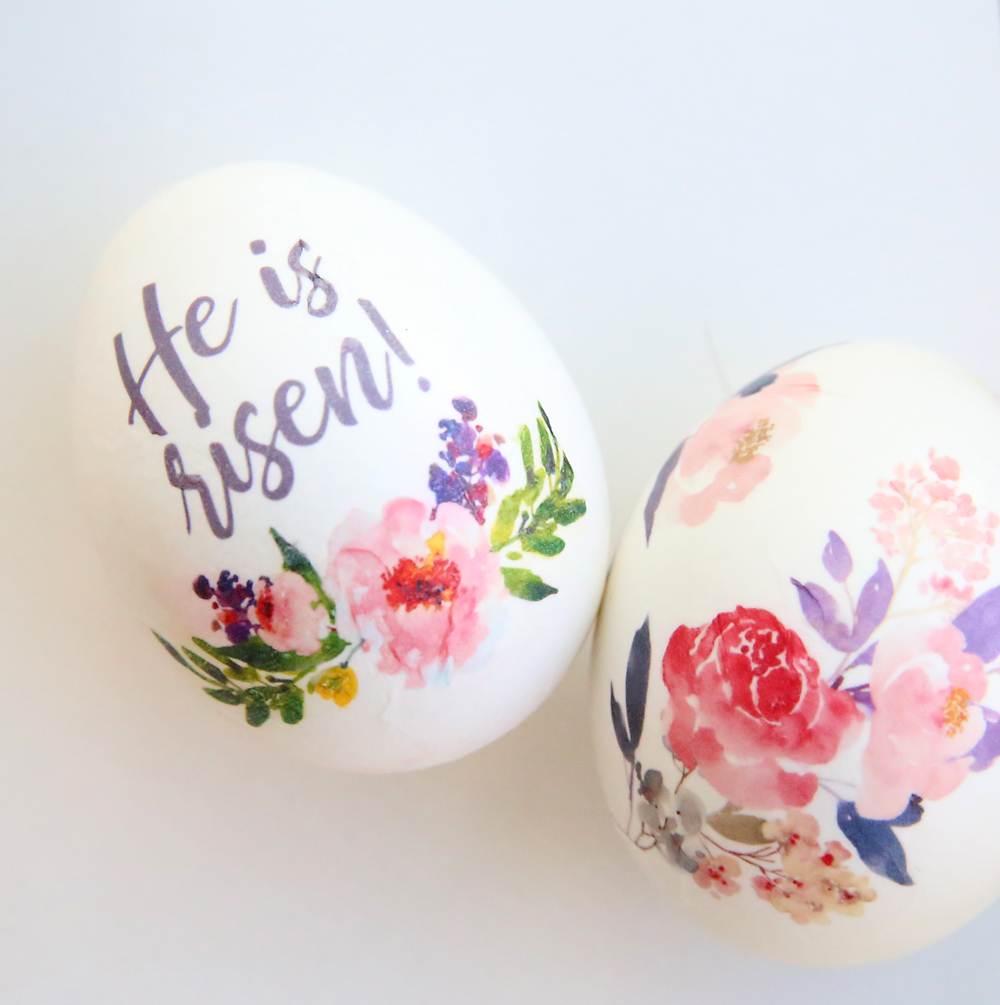 Easter eggs with flowers and words on them: He is Risen!