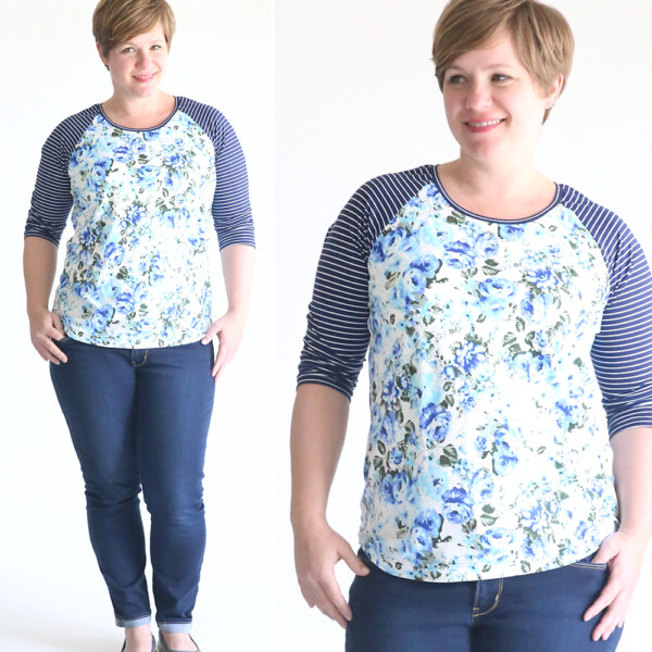 A woman wearing a blue floral shirt with striped sleeves made from a free PDF sewing pattern