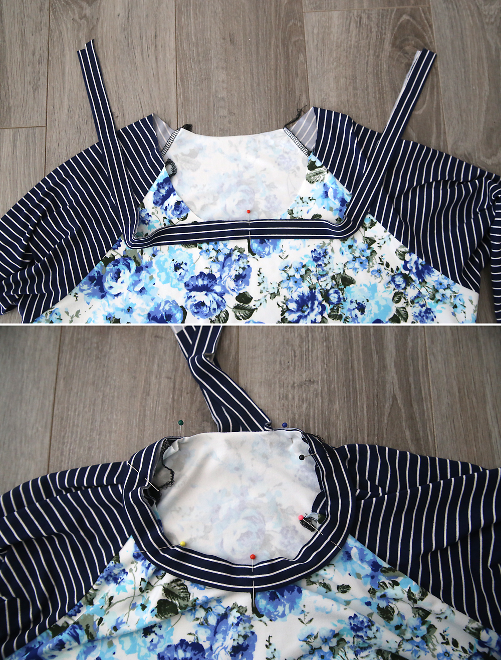 raglan t-shirt sewing pattern: Neckbinding pinned into neckline