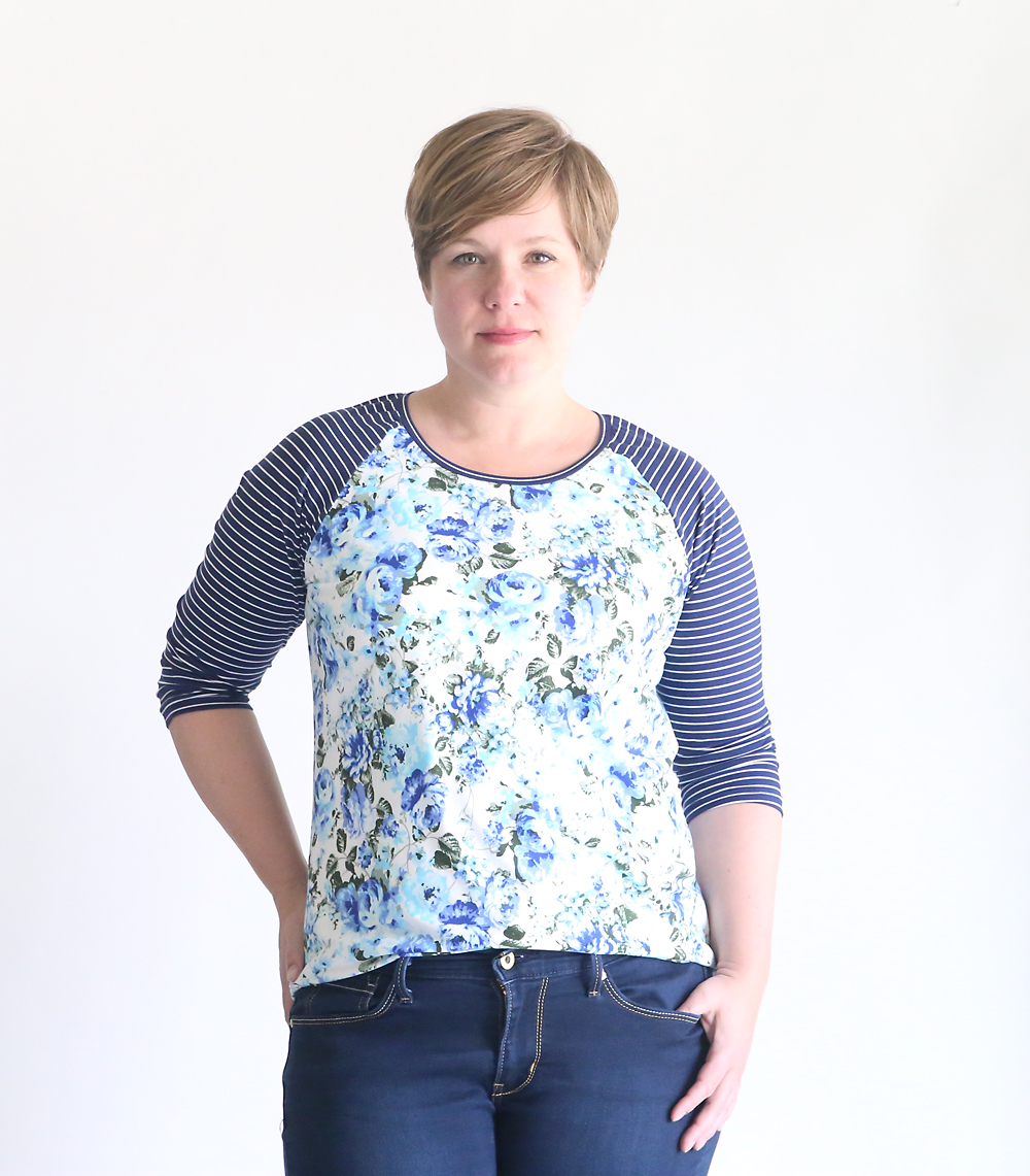 A woman wearing a raglan sleeve t-shirt made from a free sewing pattern