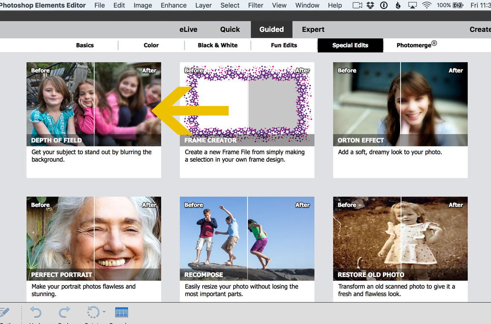 Guided edits menu in Photoshop Elements