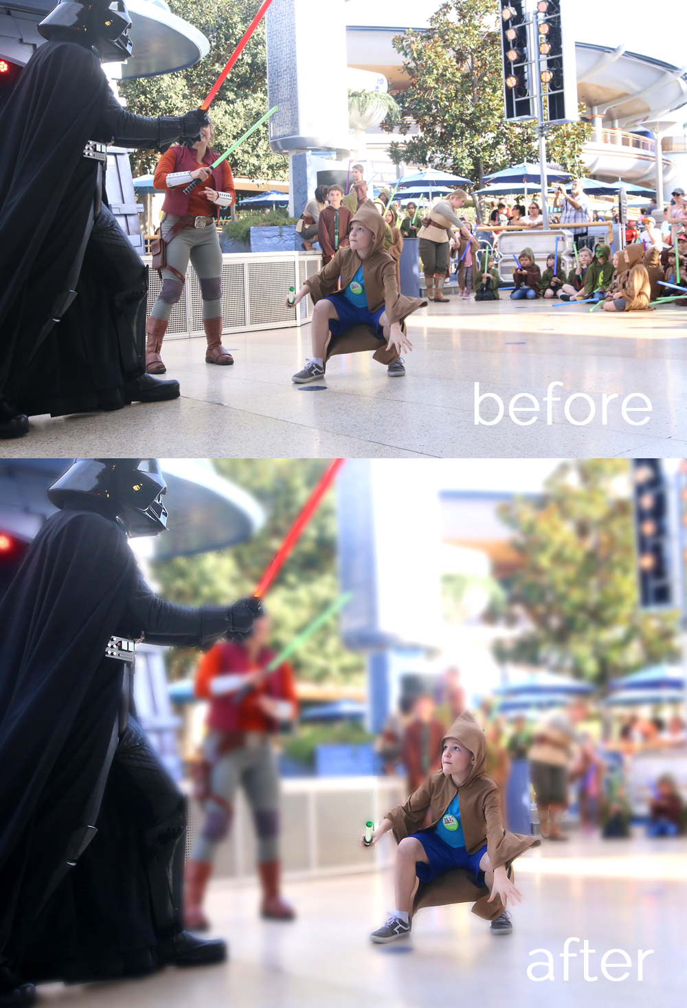 Before and after of a photo of a kid at Disneyland with the background blurred