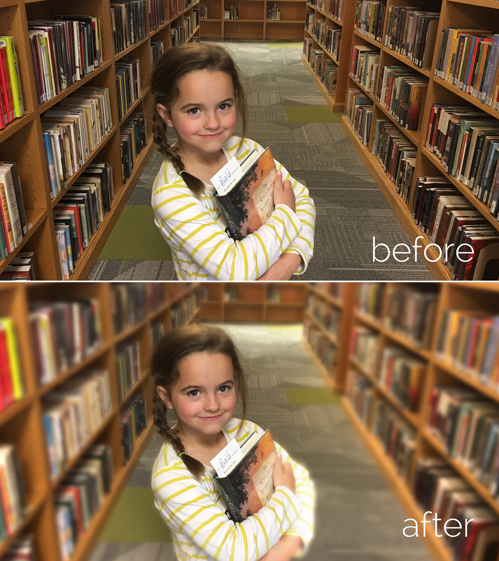 A little girl standing in front of a book shelf, same photo with the background blurred