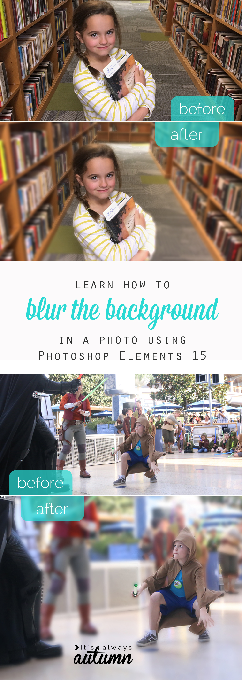 Photo of a girl in a library with the background blurred, photo of a kid at Disneyland with the background blurred