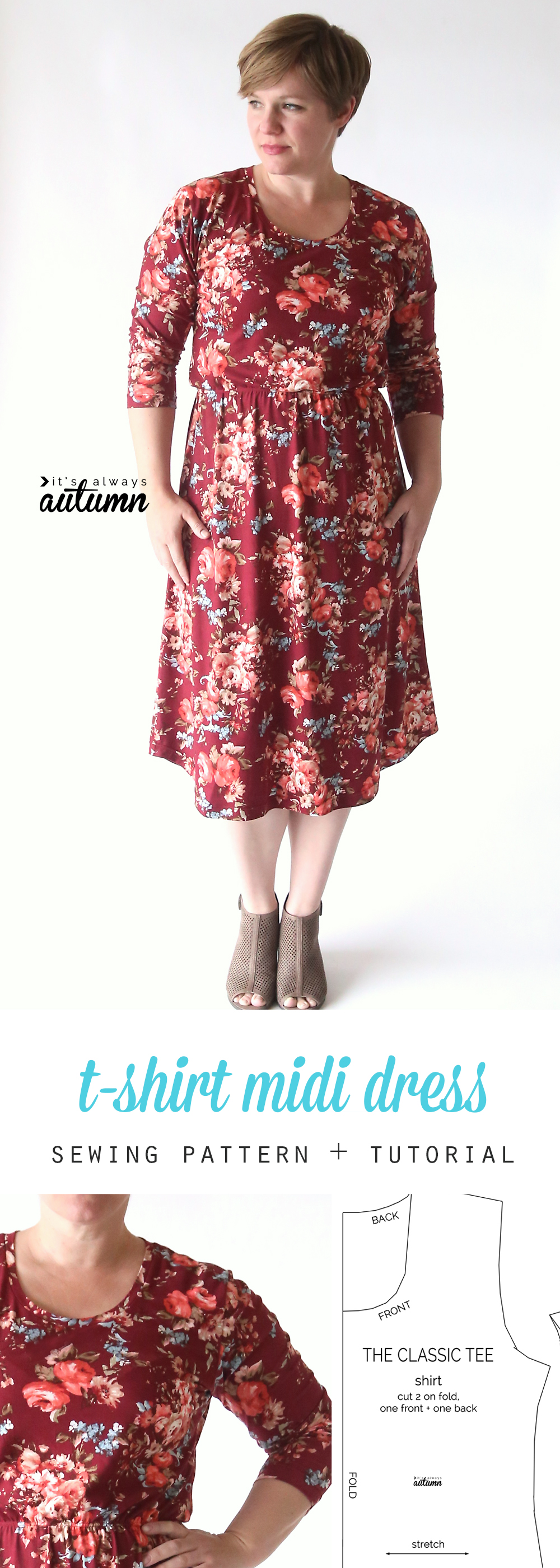 Collage photo of a woman wearing a t-shirt midi dress and a t-shirt sewing pattern