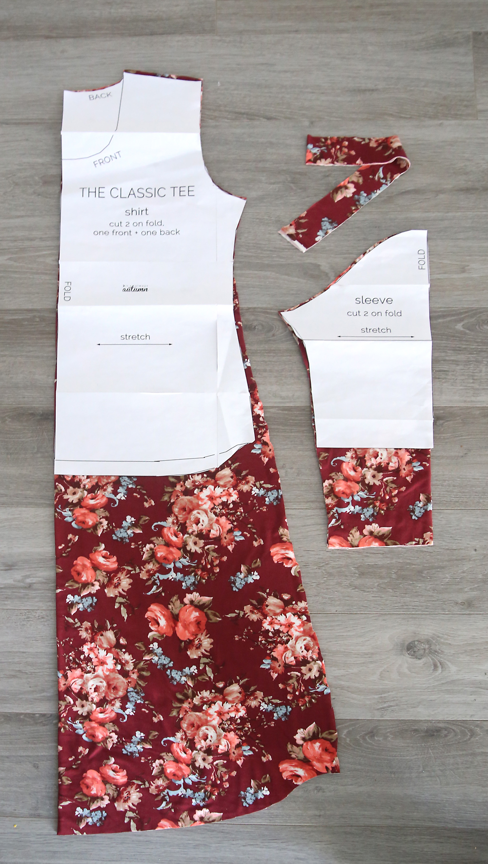 Fabric pieces for a dress cut from the Classic Tee sewing pattern