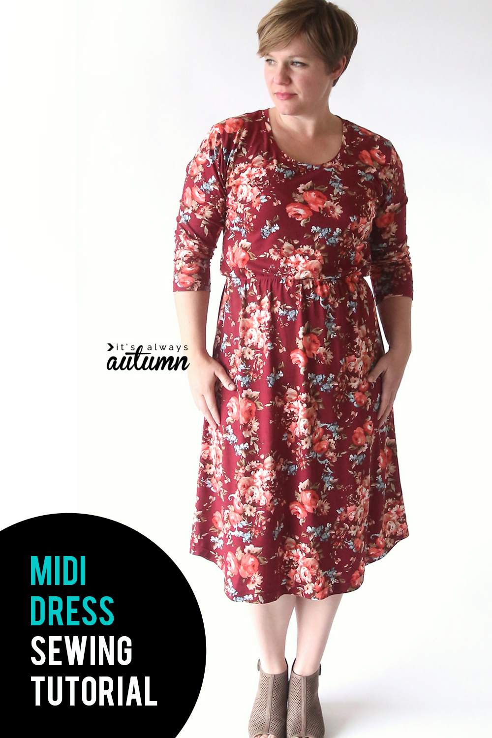 Learn how to make a cute midi dress using a free t-shirt pattern. Midi dress sewing tutorial.