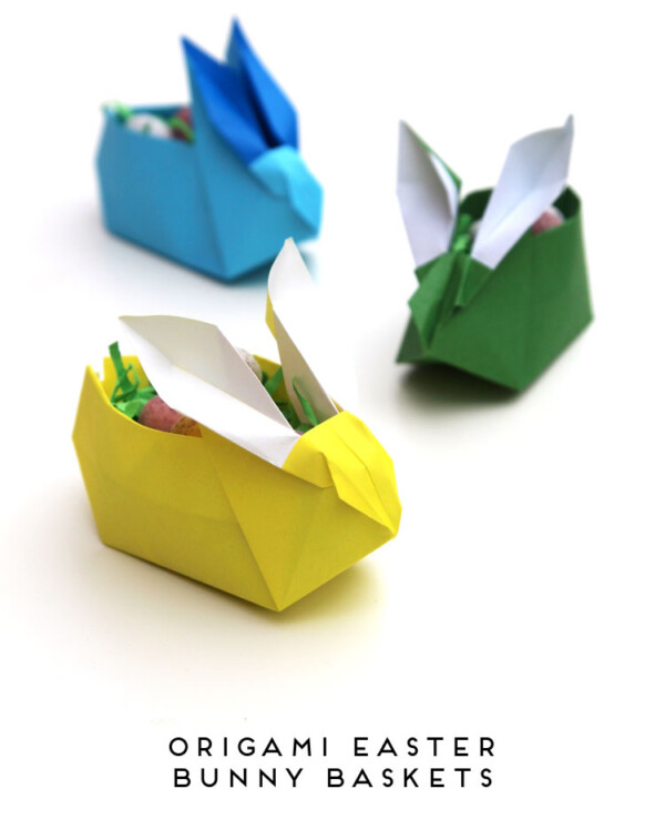 Origami Easter bunny baskets with candy inside