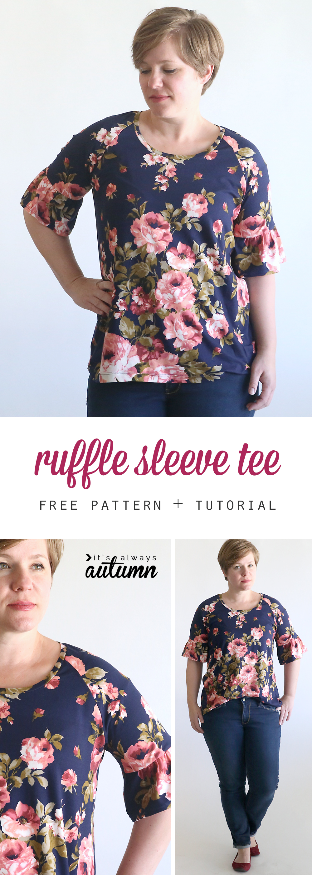 A woman wearing a floral t-shirt with ruffled sleeves made from a free t-shirt sewing pattern