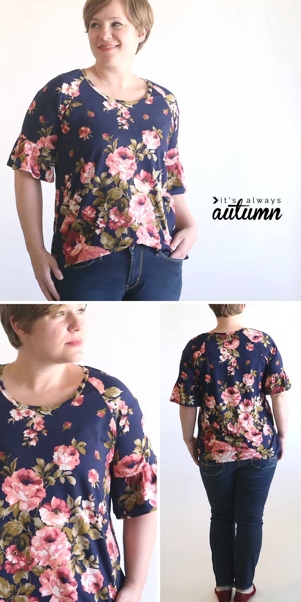 A woman wearing a floral t-shirt with ruffled sleeves made from a free t-shirt sewing pattern