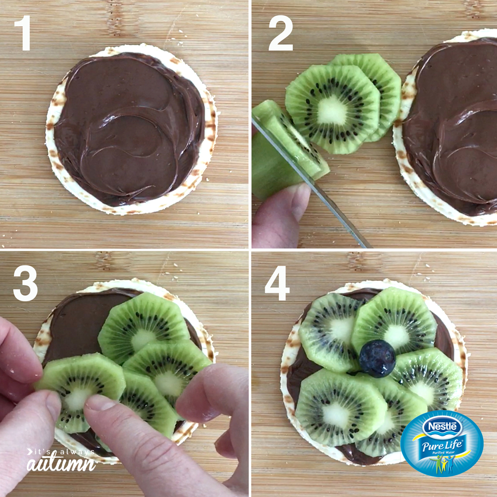 Steps for flower snack: pita circle, nutella, kiwi slices and blueberry for flower